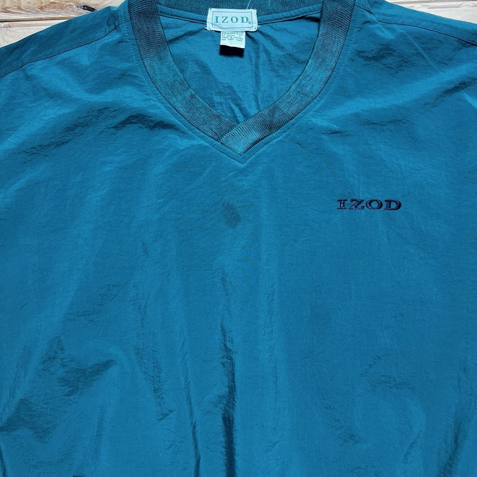 Vintage Izod Pullover Men’s Large Green V Neck Windbreaker Golf Jacket Packable - Image 3 of 4