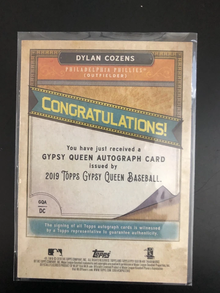2019 Topps Gypsy Queen Auto #GQA-DC Dylan Cozens Philadelphia Phillies MLB Card - Image 2 of 2