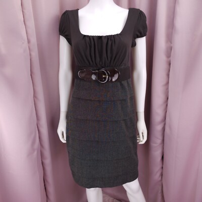 BCX Women's Brown Short Sleeve Square Neck Belted Pleated Pencil Dress 13