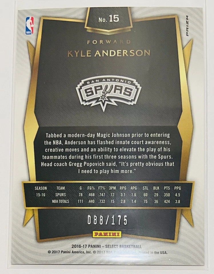 2016-17 Panini Select Maroon Prizm /175 Kyle Anderson #15 NBA San Antonio Spurs - Image 2 of 3