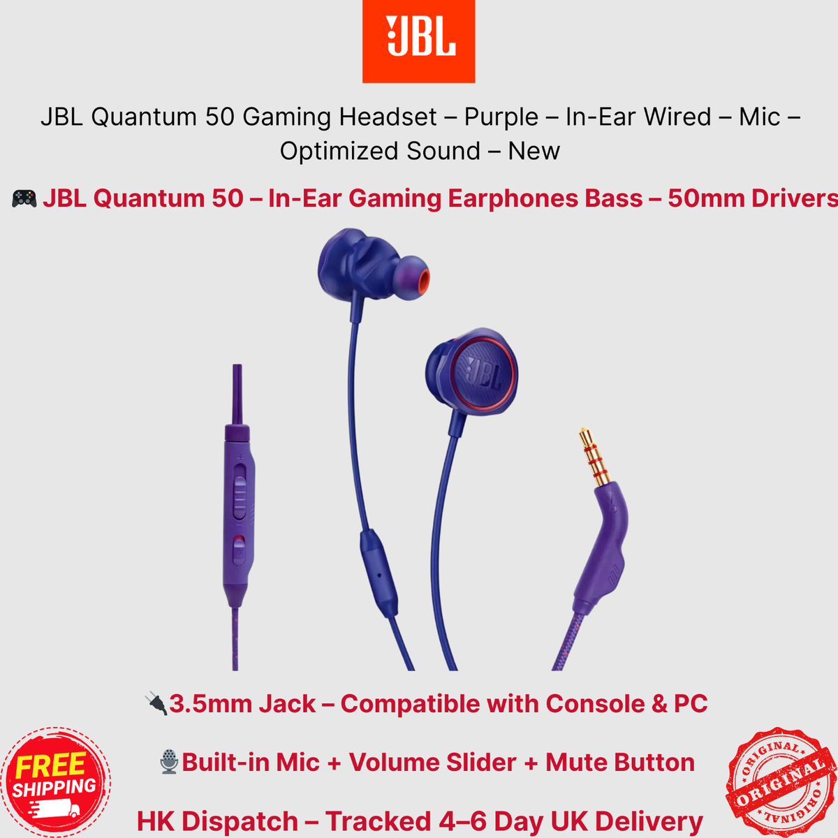 JBL Quantum 50 Gaming Headset – Purple – In-Ear Wired – Mic –Optimized  Sound New