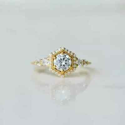 14k Yellow Gold Plated Real Moissanite 2Ct Round Cut Women' Halo Engagement Ring