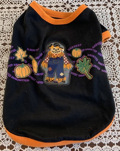 Dog Tee Shirt MEDIUM Fall Harvest Scarecrow Pumpkin Leaf Black Orange Halloween