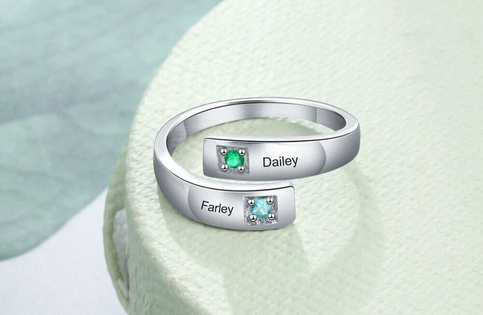 Anillo de madre personalizado 2 piedras de nacimiento - 2 nombres banda abierta acero inoxidable Foto 2 de 4