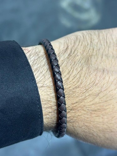 Black & Brown Braided Leather Men's Snap In Lock Stainless Steel Stack Bracelet