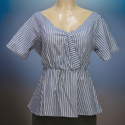 Venus Women's Faux Wrap Blouse Top Short Sleeve Stripes Gray/White Size L