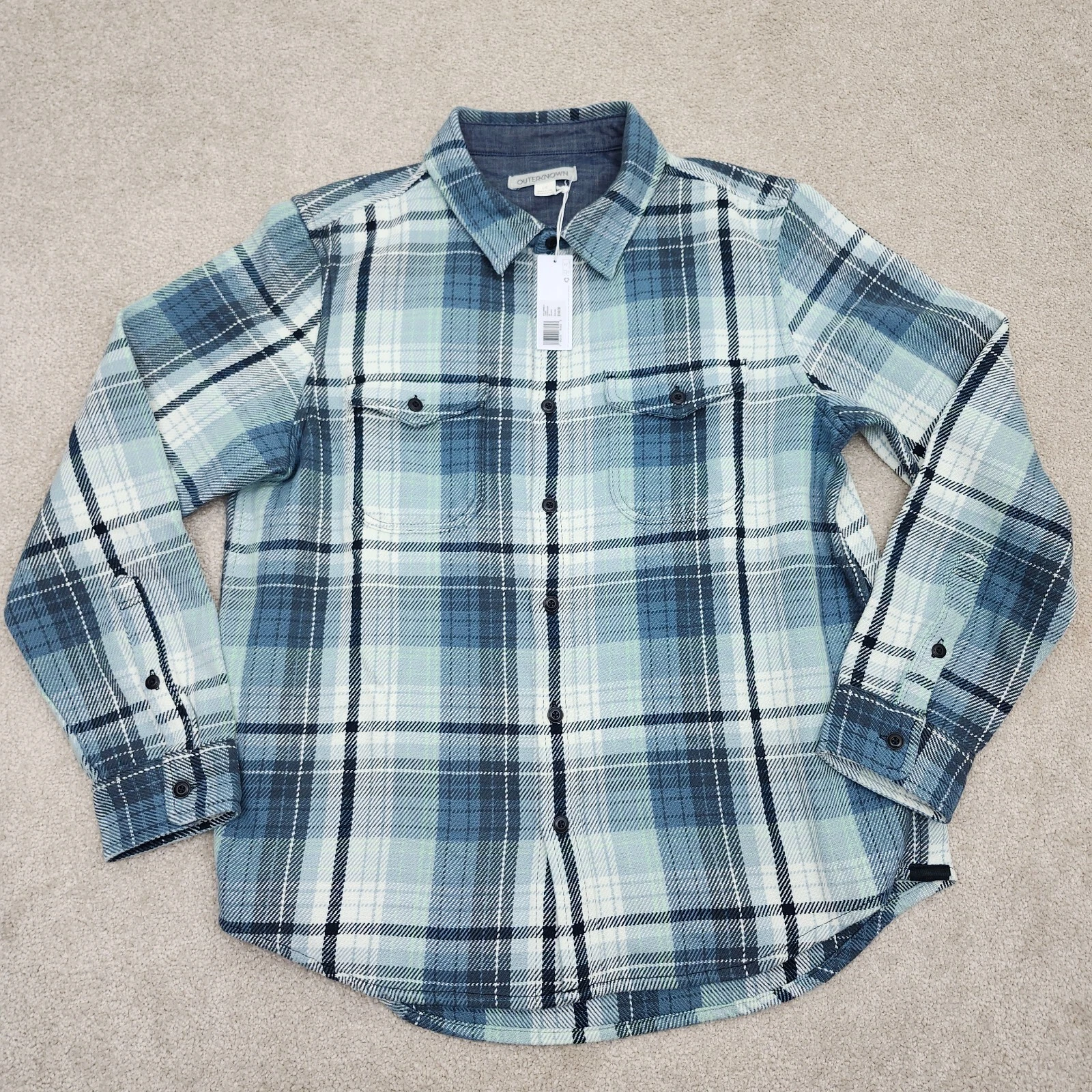 Outerknown Men Large Blanket Shirt Plaid Blue White Green 100% Organic Cotton
