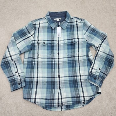 Outerknown Men Large Blanket Shirt Plaid Blue White Green 100% Organic Cotton