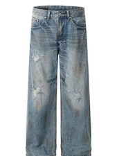 Men's Vintage Distressed Wide Leg Denim Jeans