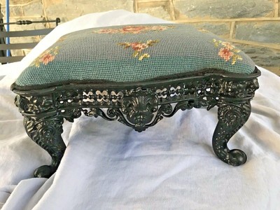 Antique Footstool Needlepoint Floral On Blue Black Cast Metal 14 Tall Ebay