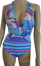 NWOT Gottex Deep V One Piece Colorful Swimsuit Size 8 Modestly Panel Added 