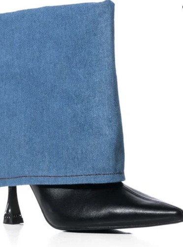 AZALEA WANG Tilupa Blue Fold Over Denim Faux Leather Pointed Toe Stiletto Bootie - Picture 3 of 4