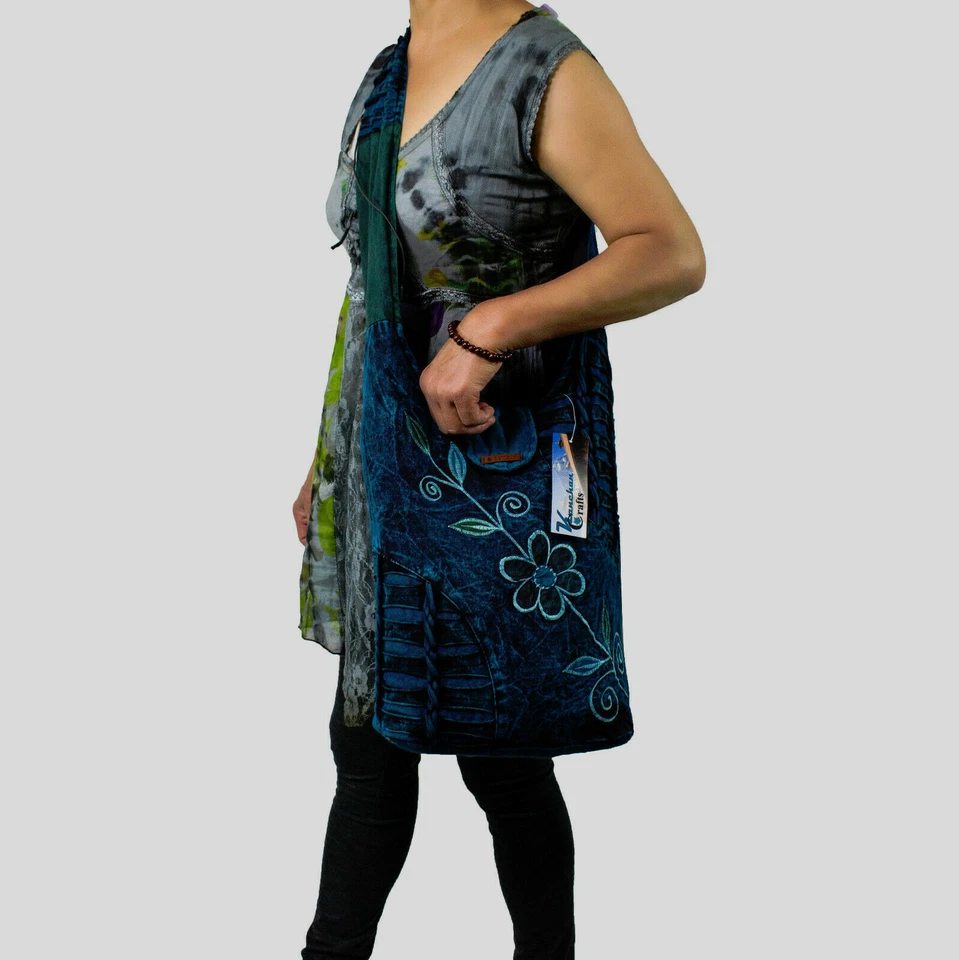 Nepal Tasche Umhängetasche Schultertasche Boho Ethno Hippie Goa - Quer Blume - Bild 2 von 3