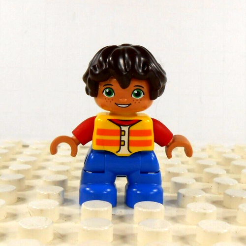 Lego Duplo Figure Kid Boy dk brown hair life jacket blue pants