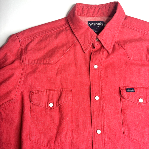 Wrangler Shirt Red LS Solid Western Pearl Snap Brushpopper VTG USA Made 16.5-35 - Picture 5 of 10