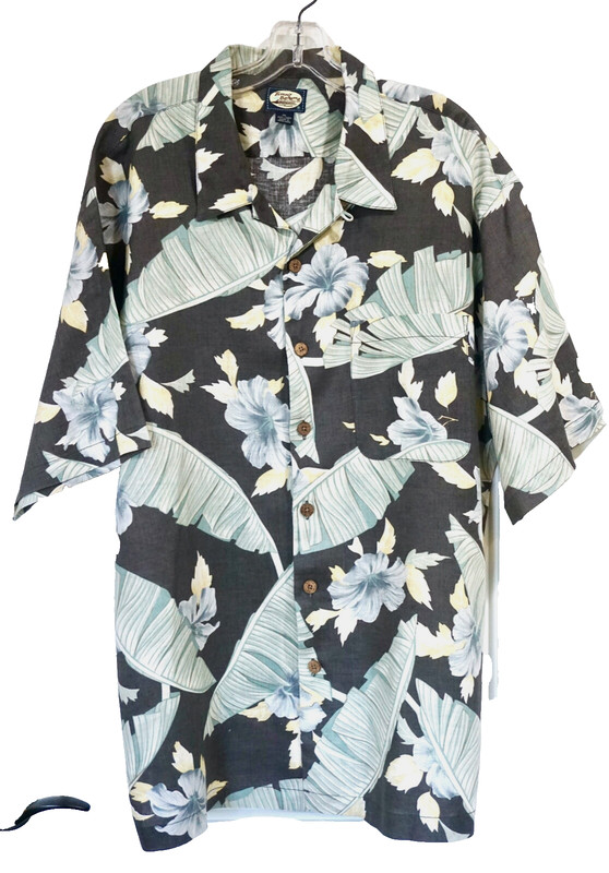 Tommy Bahama Men's Short Sleeve Linen Gray Floral Buttoned Hawaiian Shirt, Sz.XL