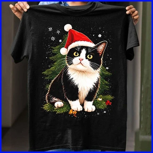Christmas Tuxedo Cat Santa Hat Graphic T-Shirt Cute Holiday Kitty Tee Gift - product listing photo