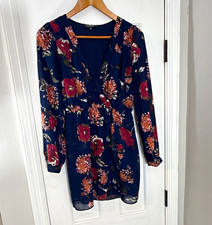 Lulus Women's S Blue Floral V-Neck Long Sleeve Chiffon Mini Shift Dress Lined