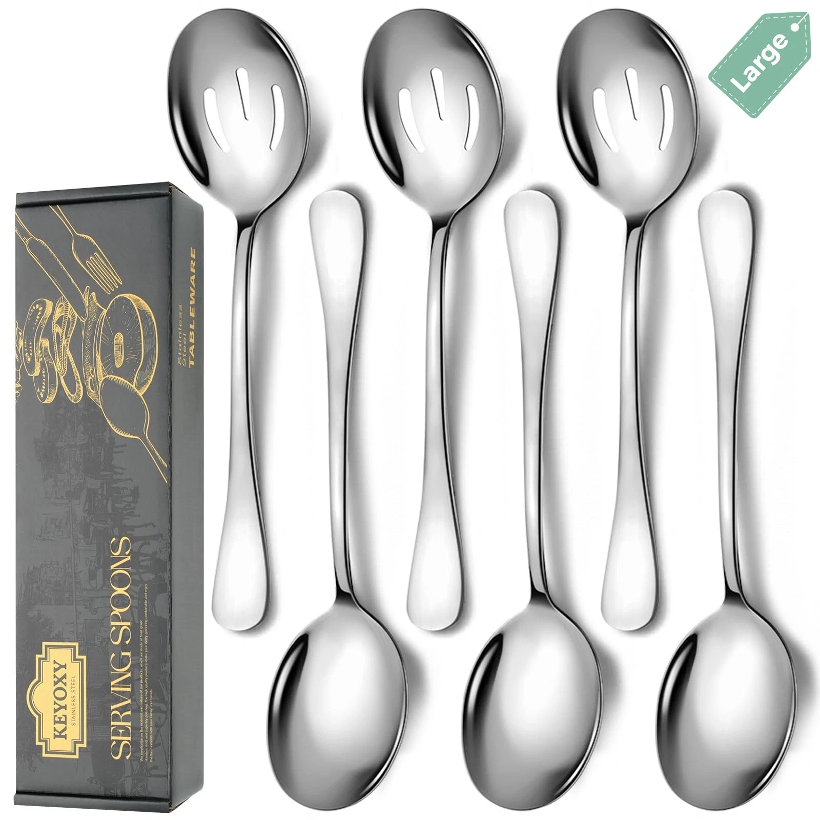 Stainless Steel Serving Spoons Set, 6pc, 10-Inch, Includes 3 Large, 3 Slotted...