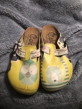 Calceo Clogs 39 Yellow Colored Green Owl Crazy Bear Flowers Patterned US 8.5-9