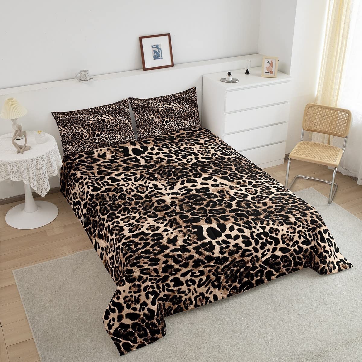 Leopard Print Comforter Set King Size,Black Brown Bedding Set 3pcs for Kids G...