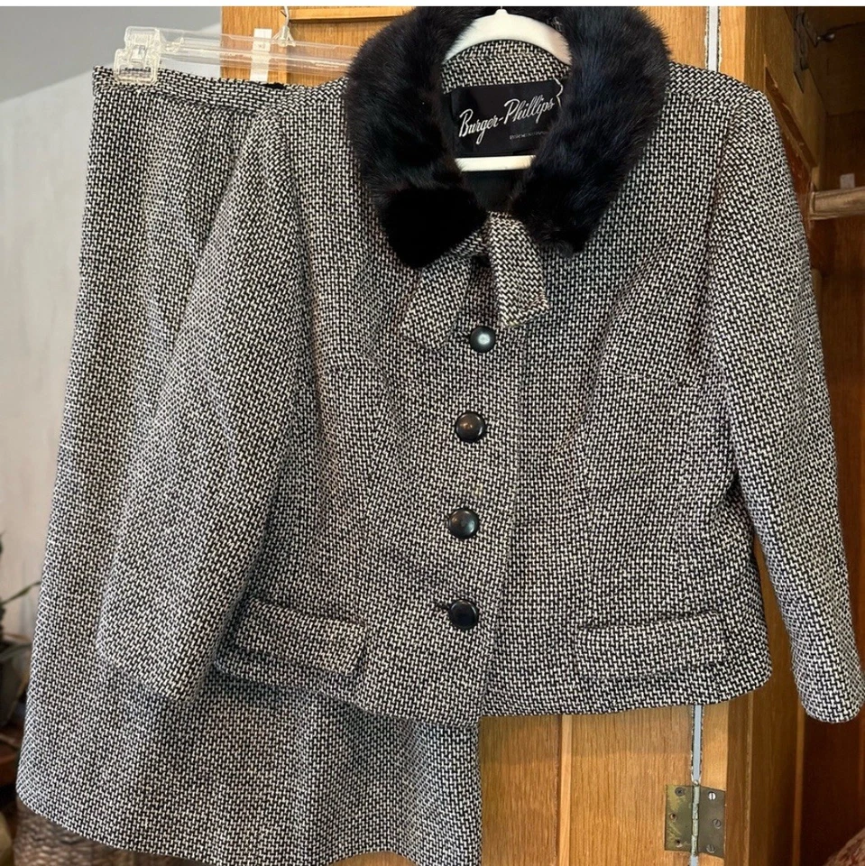 Conjunto de falda de lana con cuello de piel de 2 piezas de colección de 1950 para mujer talla M chaqueta recortada falda Foto 4 de 4