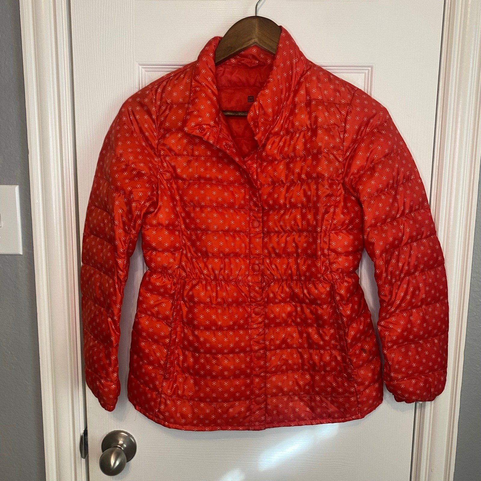 Uniqlo Kids Puffer Jacket Orange White Polka Dot Lightweight Zip Front Size 11