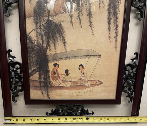 Framed Chinese Watercolor Painting Lake Weeping Willow Boat Vtg 24.5”x19.75” - Picture 5 of 11