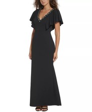 Vince Camuto BLACK Women's Beaded V-Neck Flutter-Sleeve Mermaid Gown, US 8