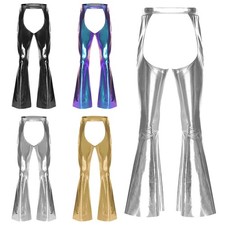 Men's Flared Bell-Bottom Chaps Metallic Pants with Elastic Waistband for Club