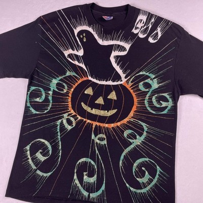 Vtg 90s Halloween Ghost Pumpkin Tee XL Black Jack-O-Lantern Single Stitch USA