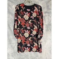 Banana Republic Floral Shift Dress Black Red Long Sleeve Petite 2P Mini Dress