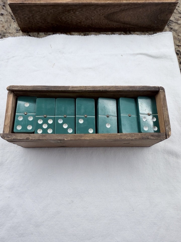 Vintage Green Dominoes Set 28 Pc Double Six Brass Spinners Sliding ...