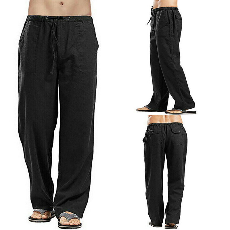 Mens Casual Linen Baggy Pants Summer Elastic Waist Loose Soft Cotton
