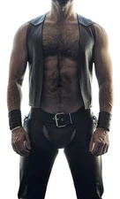 Men's Real Leather Bartender Vest Leather Vest Front Open Bartender Vest