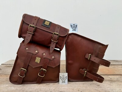 Real Brown Goat Leather COMBO Motorcycle Saddle Bag Panniers Tool  JMB  