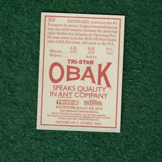 JASON HEYWARD - 2010 TRISTAR OBAK - PROMOCIÓN NACIONAL - TARJETA DE NOVATO # N3 - MLB Foto 2 de 2