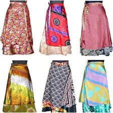 Indian Vintage Silk Sari magic wrap Around Frill Skirt Dress Wholesale Lot 10 PC