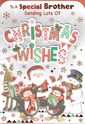 BRUDER GROSSE WEIHNACHTSKARTE Weihnachtsmann, Schneemann, Pinguine und Rentiere Design