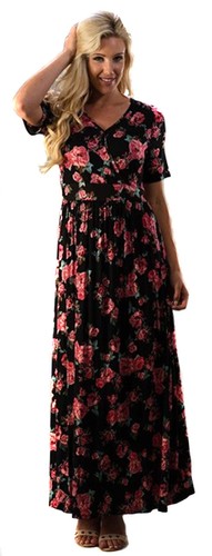 MAXI Womens Floral Chic Vintage Boho Knit Short Sleeves Surplice Dress S M L - Picture 2 of 13