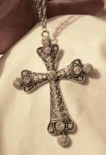 Gorgeous Sparkly White Rhinestone Crowned Arm Silvertone Pectoral Cross Necklace