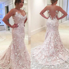 Blush Pink Wedding Dresses Mermaid Strapless Lace Applique Backless Sweep Train