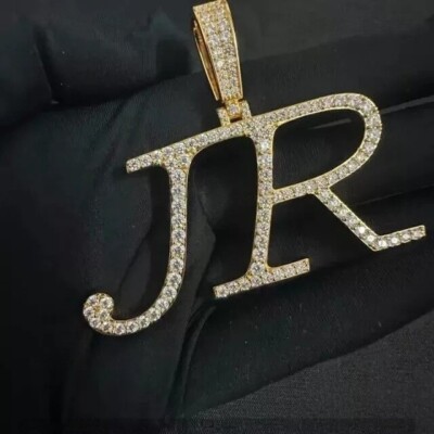 Men's 2 Ct Round Cut Moissanite Custom JR Letter Pendant 14K Yellow Gold Plated