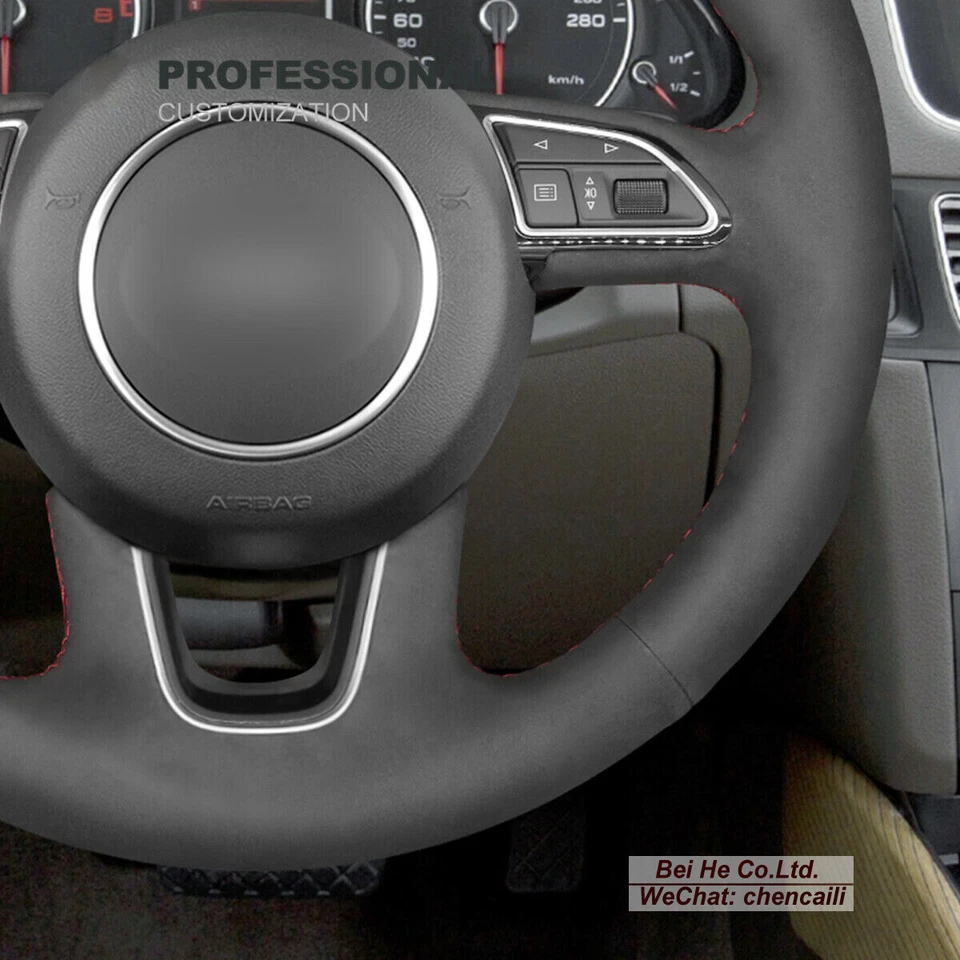 Cubierta de volante de gamuza negra suave cosida a mano para Audi Q3 Q5 2013-2017 Q7 Foto 4 de 4