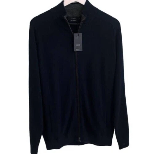 Ballantyne Kinross Cardigan 男式 M 海军蓝羊绒麂皮绒装饰拉链前部豪华柔软 — 第 3/4 张图片