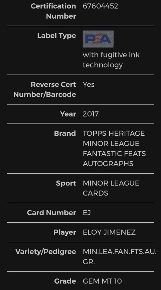 2017 Topps Heritage #/25 GRAY SSP Real One Eloy Jimenez Auto RC PSA 10 GEM POP 5 - Imagem 4 de 4