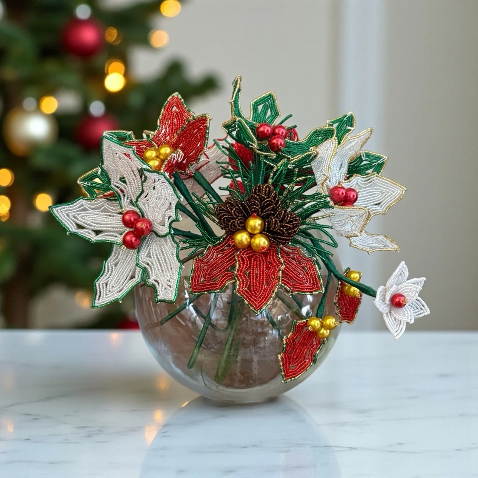 НОВЫЙ РУЧНОЙ РАБОТЫ ФРАНЦУЗСКИЙ БИСЕР НОВОГОДНИЕ ЦВЕТЫ 11 ШТУК - Изображение 2 из 4