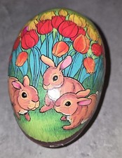 Vintage East Germany Paper Mache Easter Egg Easter Bunnies Handpainted VGC