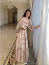 Womens Floral Chiffon Maxi Dress Square Neck Long Puff Sleeve Smocked Boho Fairy