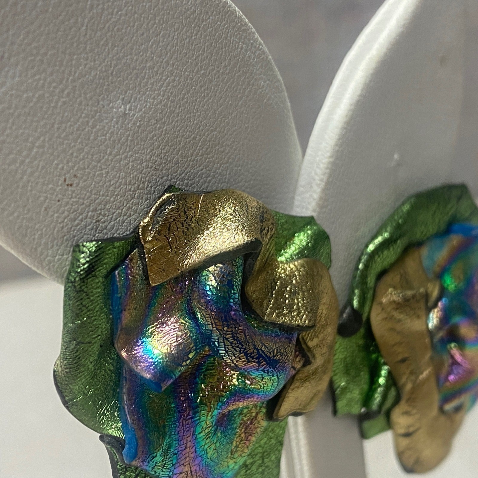 Artisan Foil Clay Leaf Statement Earrings Green G… - image 5